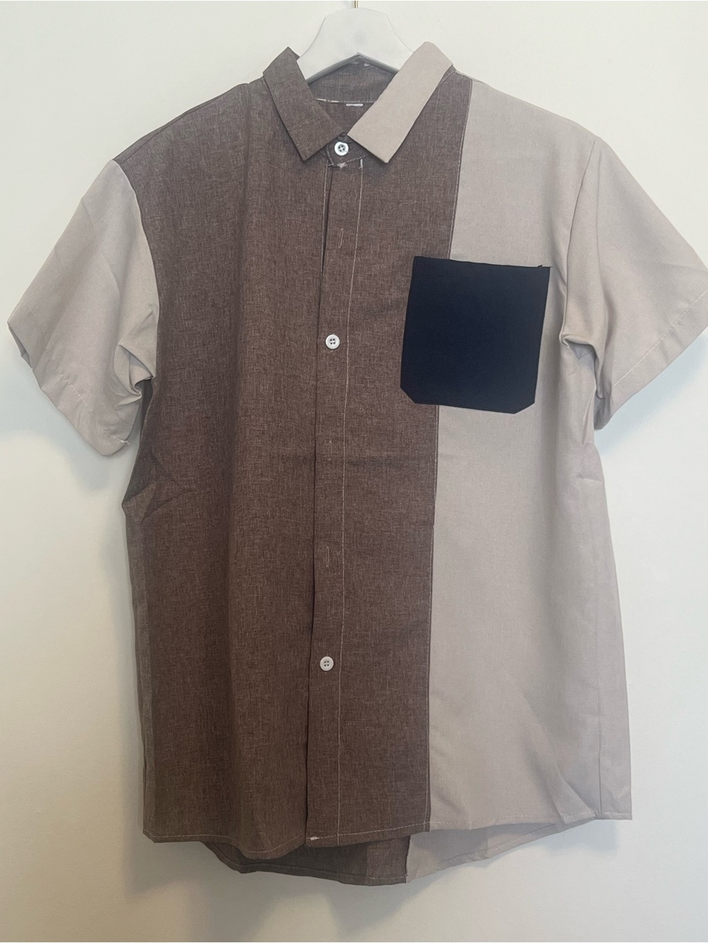 Men’s Brown Cream Navy Colorblock Short Sleeve‎ Button-Down Casual Summer Shirt